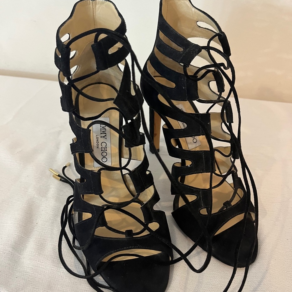 Jimmy shoe black suede lace up heels